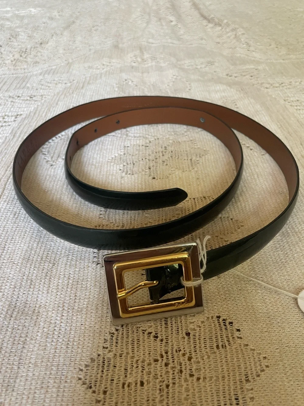 Ralph Lauren Dark Green Leather Belt with Gold-  & Silver Square Buck